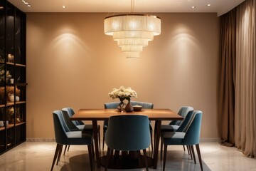 Modern dark beige color dining room with lamp, table and chairs in a stylish interior