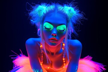 Obraz premium Vibrant portrait of a woman with neon makeup and hair, emphasizing a bold and colorful aesthetic.