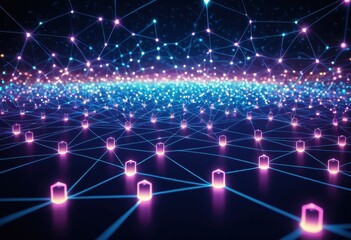 Obraz premium Distributed ledger concept with glowing nodes and blocks, symbolizing secure data exchange in blockchain networks