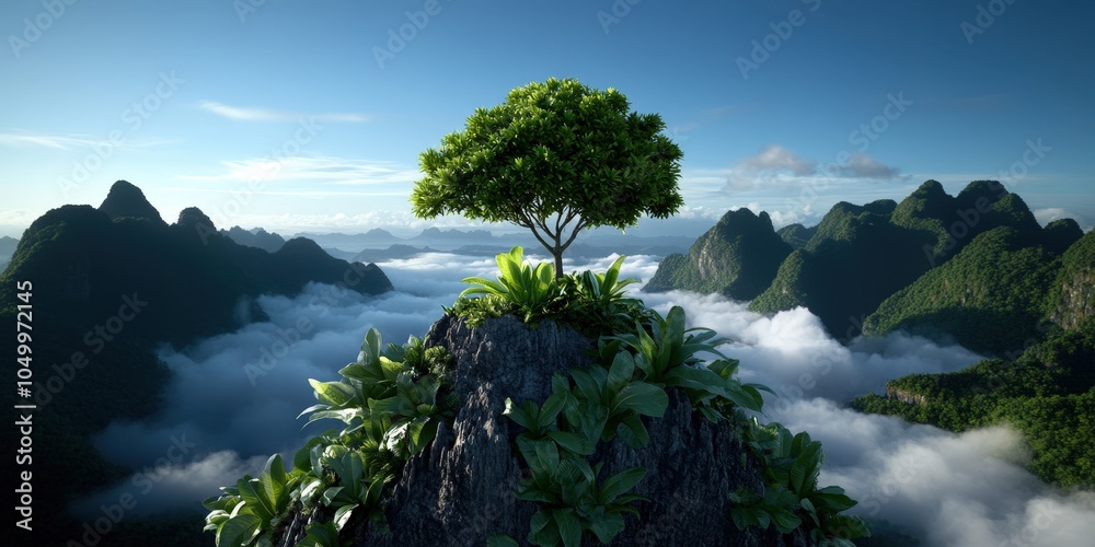 Canvas Prints Mountaintop Tree with Clouds and Misty Landscape