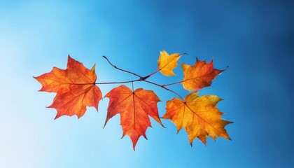 Vibrant orange autumn leaves on a thin branch against a clear, bright blue sky, symbolizing seasonal change. Generated with AI.