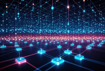 Fototapeta premium Distributed ledger concept with glowing nodes and blocks, symbolizing secure data exchange in blockchain networks