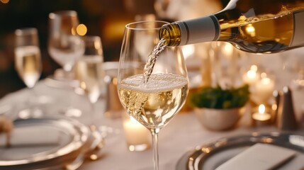 Pouring white wine at a formal dinner, silver tableware, candlelight