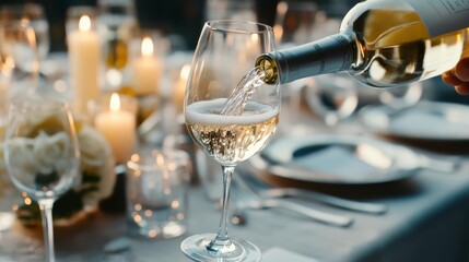 Fototapeta premium Pouring white wine at a formal dinner, silver tableware, candlelight