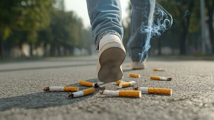 person steps on cigarette butts scattered on street, highlighting littering issues and environmental concerns. Smoke rises from discarded cigarettes, emphasizing pollution