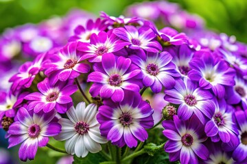 Obraz premium A lively arrangement of purple and white flowers blossoms beautifully against a gentle green backdrop, creating a striking visual harmony that captivates the senses.