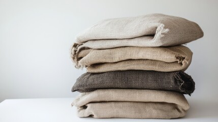 A stack of folded linen fabrics in neutral tones on a simple surface.
