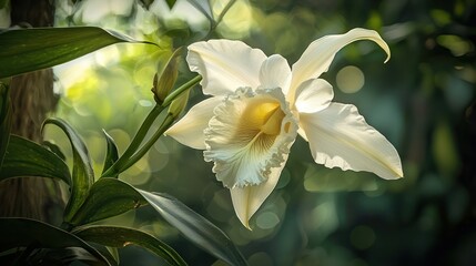 Fototapeta premium A vanilla orchid flower growing naturally on its vine, with soft lighting to highlight the intricate details of the flower