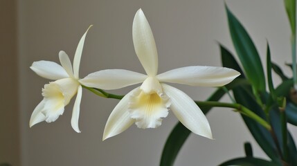 A vanilla orchid flower in full bloom, showcasing its delicate white petals and the green stem against a neutral background