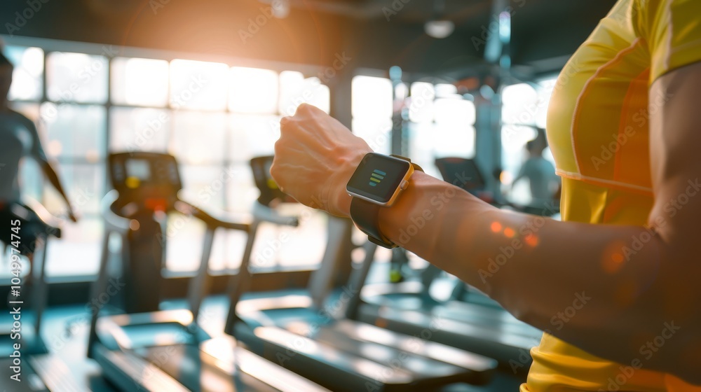 Poster A dynamic scene of a patient using a wearable health monitoring device to track physical activity with focus on the device��s interface and the patient��s engagement, set against a modern