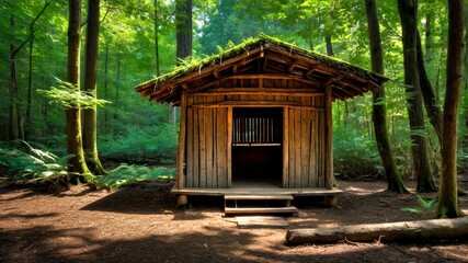 A rustic wooden haven nestled in the embrace of nature, where photography captures untamed wilderness.