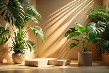 Fototapeta premium A serene beige backdrop featuring lush tropical leaves and soft shadows, ideal for showcasing your product. Includes ample copy space for essential branding and messaging.
