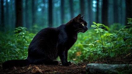 A shadowy black cat sits, eyes gleaming, a mystical Halloween presence.