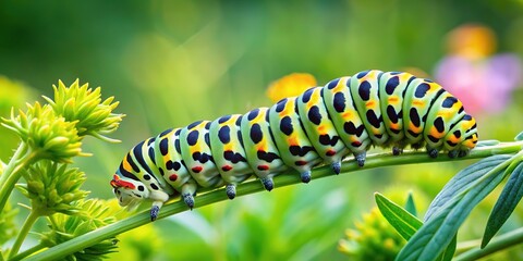 Fototapeta premium A swallowtail caterpillar, Papilio Machaon, rests on a vibrant green leaf, viewed from above.