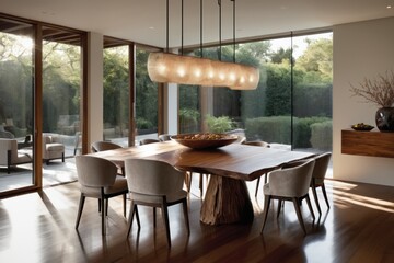 Wooden dining table with chairs in a cozy indoor dining room over large glass windows with hanging lamps