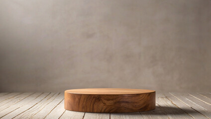 Empty wooden table with a smooth surface, ideal for displaying products. The backdrop is simple and neutral, perfect for showcasing items or presentations.