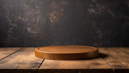 Empty wooden table with a smooth surface, ideal for displaying products. The backdrop is simple and neutral, perfect for showcasing items or presentations.