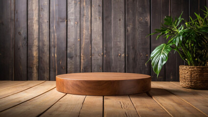Empty wooden table with a smooth surface, ideal for displaying products. The backdrop is simple and neutral, perfect for showcasing items or presentations.