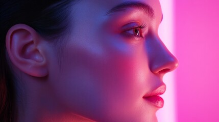 High fashion model metal silver lips and face woman in colorful bright neon UV blue and purple lights,