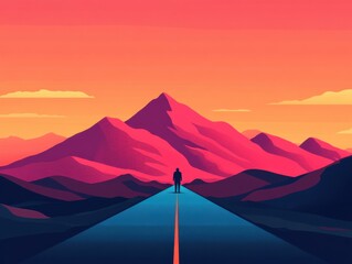 Fototapeta premium Person Standing at Road Under Colorful Sunset Sky