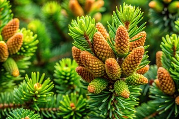Fototapeta premium Aerial view of a coniferous tree with nascent cones against a verdant fir backdrop.