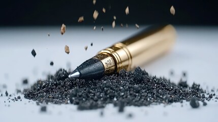 Gold Pen on Black Sand with Particles in Mid Air   Abstract Macro Photography