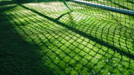 Tennis court with a net and a shadow on the ground. The shadow is on the grass and it is a sunny day