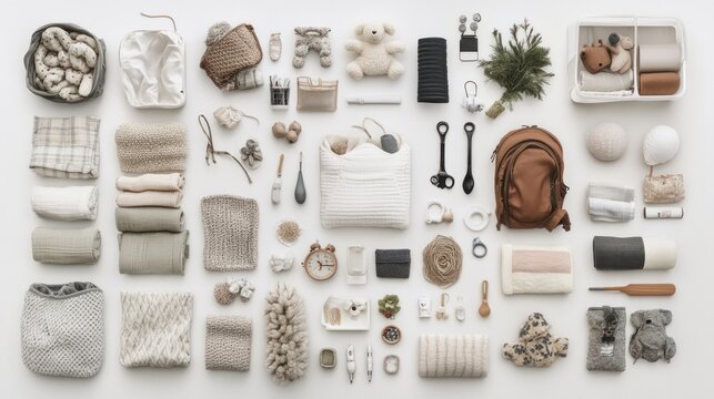 Flat lay of baby essentials on a white background.