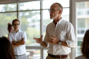 A business professional gives a presentation to colleagues in a bright, modern office setting, emphasizing communication and leadership within a corporate environment.