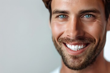 Obraz premium A handsome young man with a full beard displays a wide, charismatic smile while standing against a neutral background, exuding confidence and approachability.