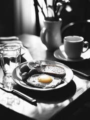 Plate of eggs and toast sits on a table with a cup of coffee and a vase of flowers. The image has a black and white feel, which adds a sense of nostalgia and simplicity to the scene