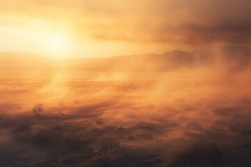 Obraz premium A breathtaking desert landscape bathed in golden sunset hues, where the vast expanse and tiny shrubs are enveloped in the warm glow of dusk and distant horizons.