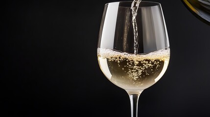 White wine poured into an elegant glass, sparkling against black background, moody light