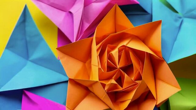 A vibrant arrangement of origami flowers in orange, pink, and blue tones.