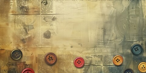Obraz premium Abstract background with buttons and newspaper textures, vintage look, high detail, artistic design.