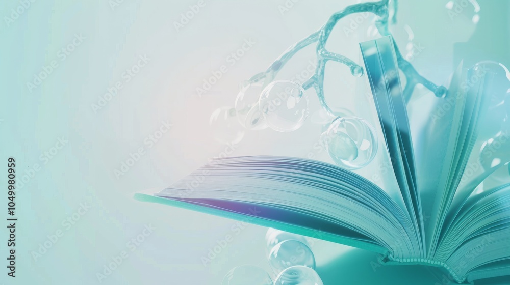 Aufkleber A dynamic visual of an open medical textbook with pages flipping, set against a soft gradient background, wide shot