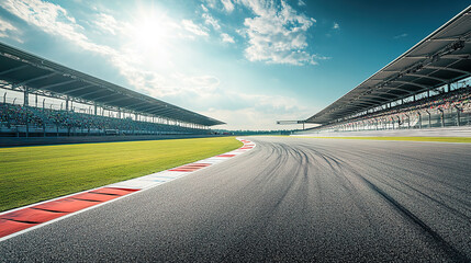 Low angle scenery of F1 Formula racing track under sunlight