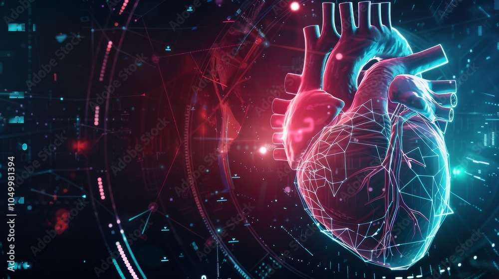 Leinwandbilder A dynamic visualization of a heart with animated digital elements representing vital signs, set against a dark, high-tech background