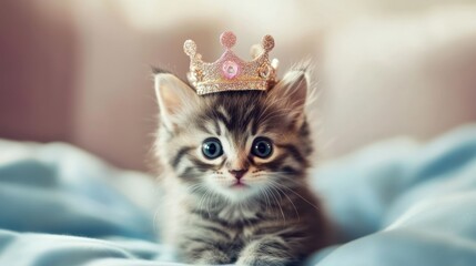 A cute kitten wearing a crown, sitting on a soft blue surface, exuding charm and playfulness.