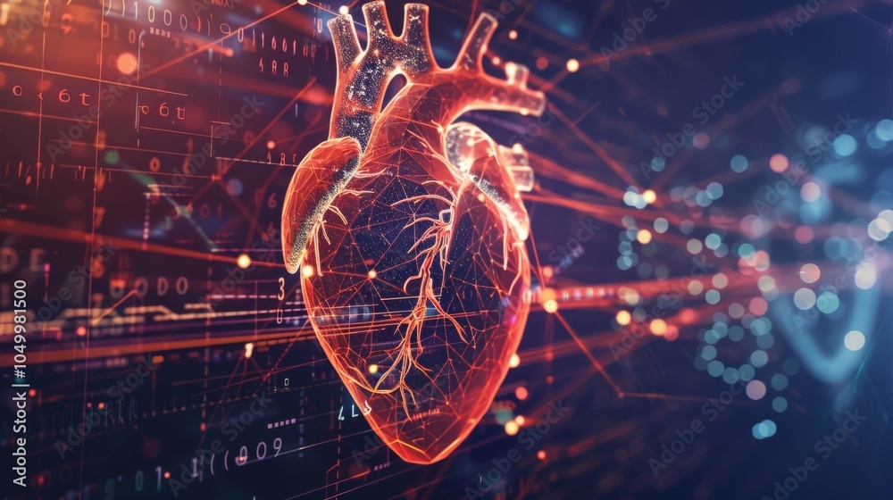 Aufkleber A dynamic visualization of a heart with animated digital elements representing vital signs, set against a dark, high-tech background