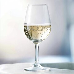 Wine glass filling with chilled white wine, bubbles rising, soft background blur