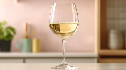 Wine glass filling with chilled white wine, soft background blur, bright kitchen light