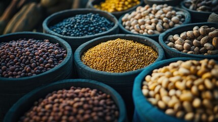 Obraz premium A vibrant display of various spices and legumes in wooden bowls at a market.