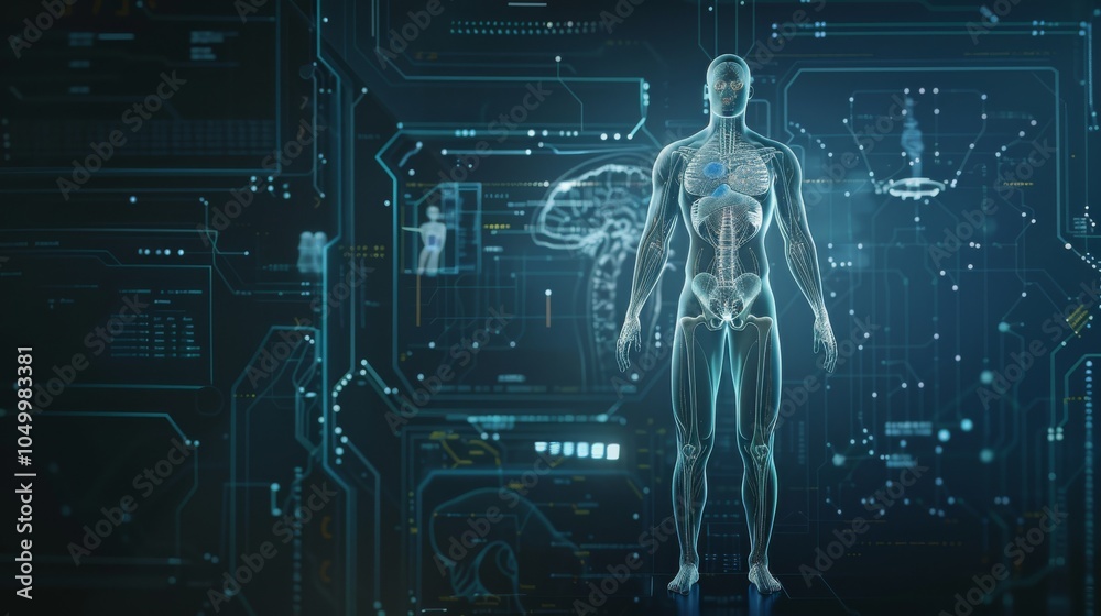 Aufkleber a futuristic 3d rendering of a human body with highlighted organs and systems, set against a dark, m