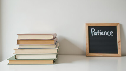 Fototapeta premium A stack of books next to a framed chalkboard with the word 