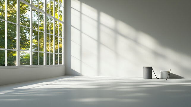 A freshly renovated room with crisp white walls and sunlight streaming through floor-to-ceiling windows, with a paint can and a step ladder left behind, emphasizing the completion