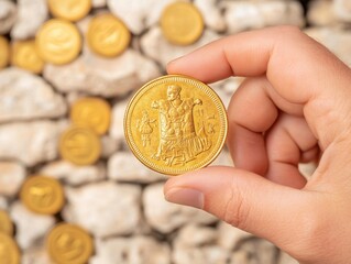 Fototapeta premium Hand Holding a Gold Coin on a Stone Background