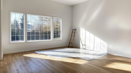 Obraz premium A bright, airy room with freshly painted white walls, light streaming through oversized windows, and a step ladder and plastic floor coverings marking the final stages of renovatio