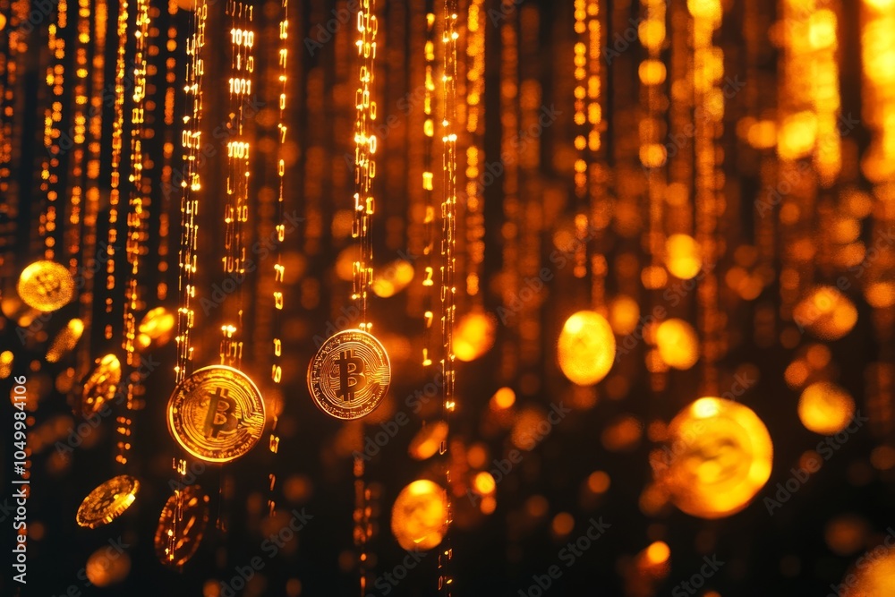 Poster an abstract representation of gold coins cascading through a backdrop of binary code, symbolizing di