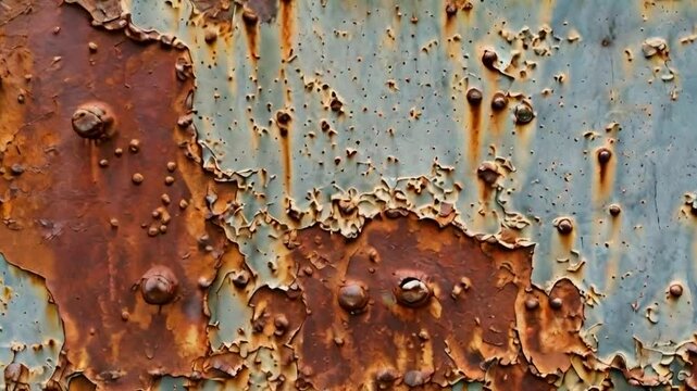 A close-up of rusted metal with peeling paint, showcasing texture and decay.